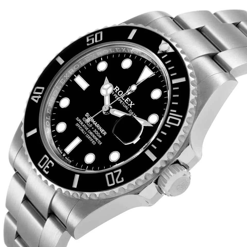 Angled view of the dial and bezel of a Rolex Submariner Date 126610LN