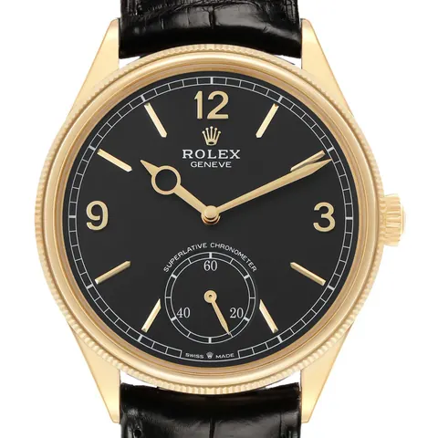 Black dial of a Rolex Perpetual 1908 52508 in yellow gold
