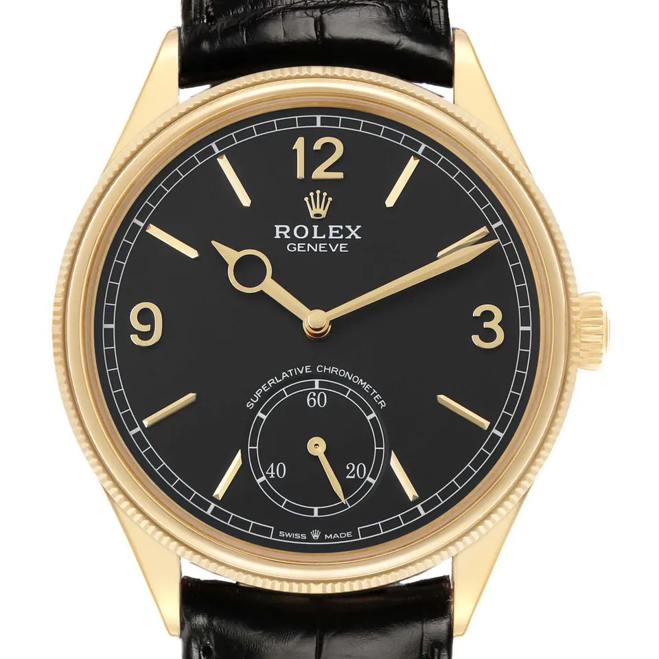 Black dial of a Rolex Perpetual 1908 52508 in yellow gold