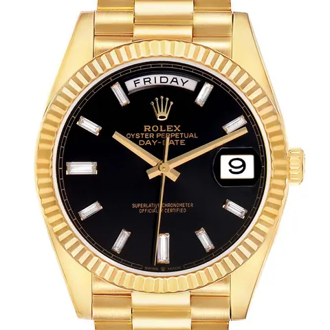 Black dial of a Rolex Day-Date 40 228238 in yellow gold