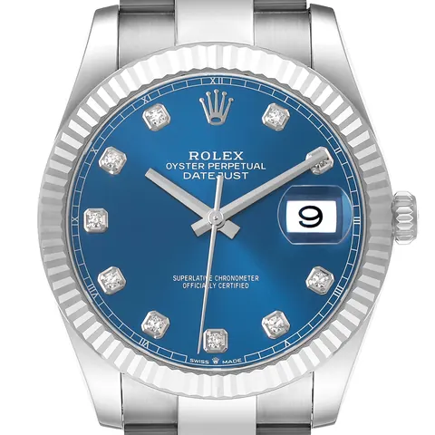 Blue diamond dial and fluted white gold bezel of a Rolex Datejust 41 126334