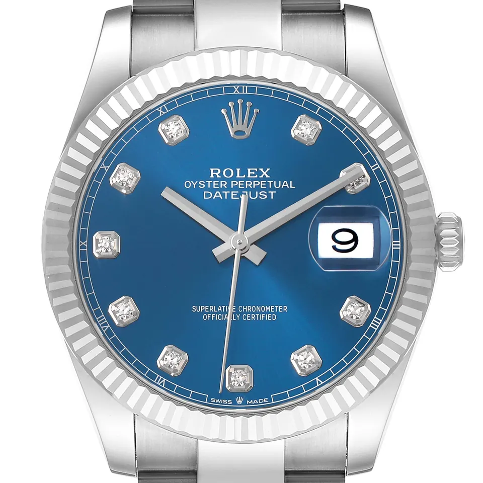 Blue diamond dial and fluted white gold bezel of a Rolex Datejust 41 126334