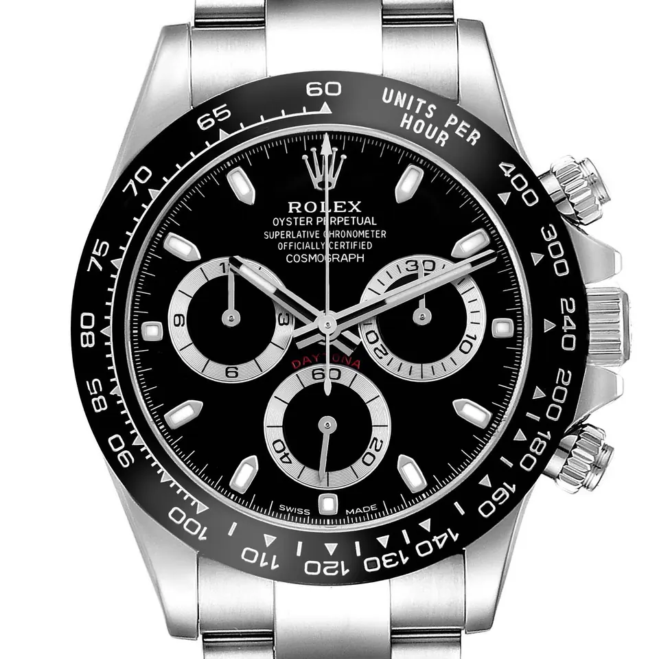 Black dial and tachymeter bezel of a Rolex Cosmograph Daytona 116500LN
