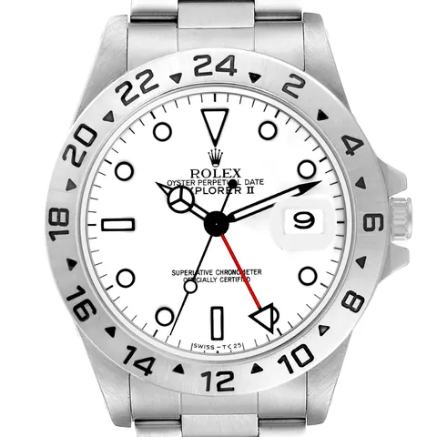White "Polar" dial and 24-hour bezel of a Rolex Explorer II 16570