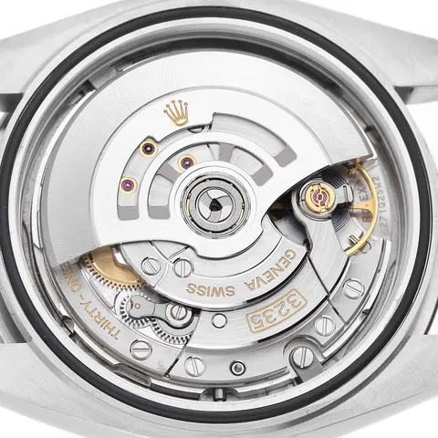 Rolex calibre 3235 automatic movement seen through an open caseback