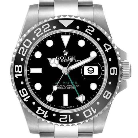 Black dial and bezel of a Rolex GMT-Master II 116710LN